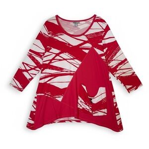 Mirror Image Red & White Abstract Slinky Knit Top, Women’s size L, 3/4 Sleeves